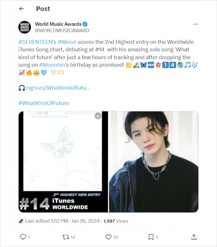 Lagu Spesial Woozi SEVENTEEN untuk Mendiang Moonbin ASTRO Tembus Chart Dunia