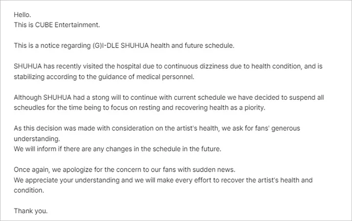 Giliran Shuhua (G)I-DLE Absen dari Jadwal Promosi Album karena Kesehatan Memburuk https://weverse.io/gidle/notic