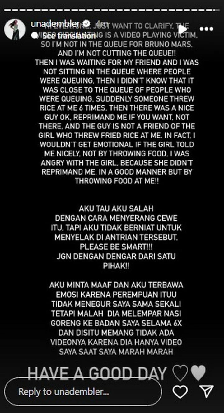 Una Dembler Klarifikasi soal Video Viral Ludahi Penonton Bruno Mars