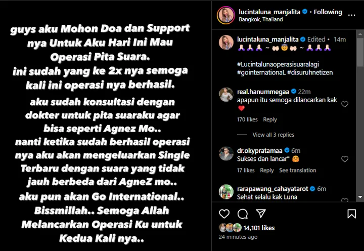 Lucinta Luna Mohon Doa Bakal Operasi Pita Suara
