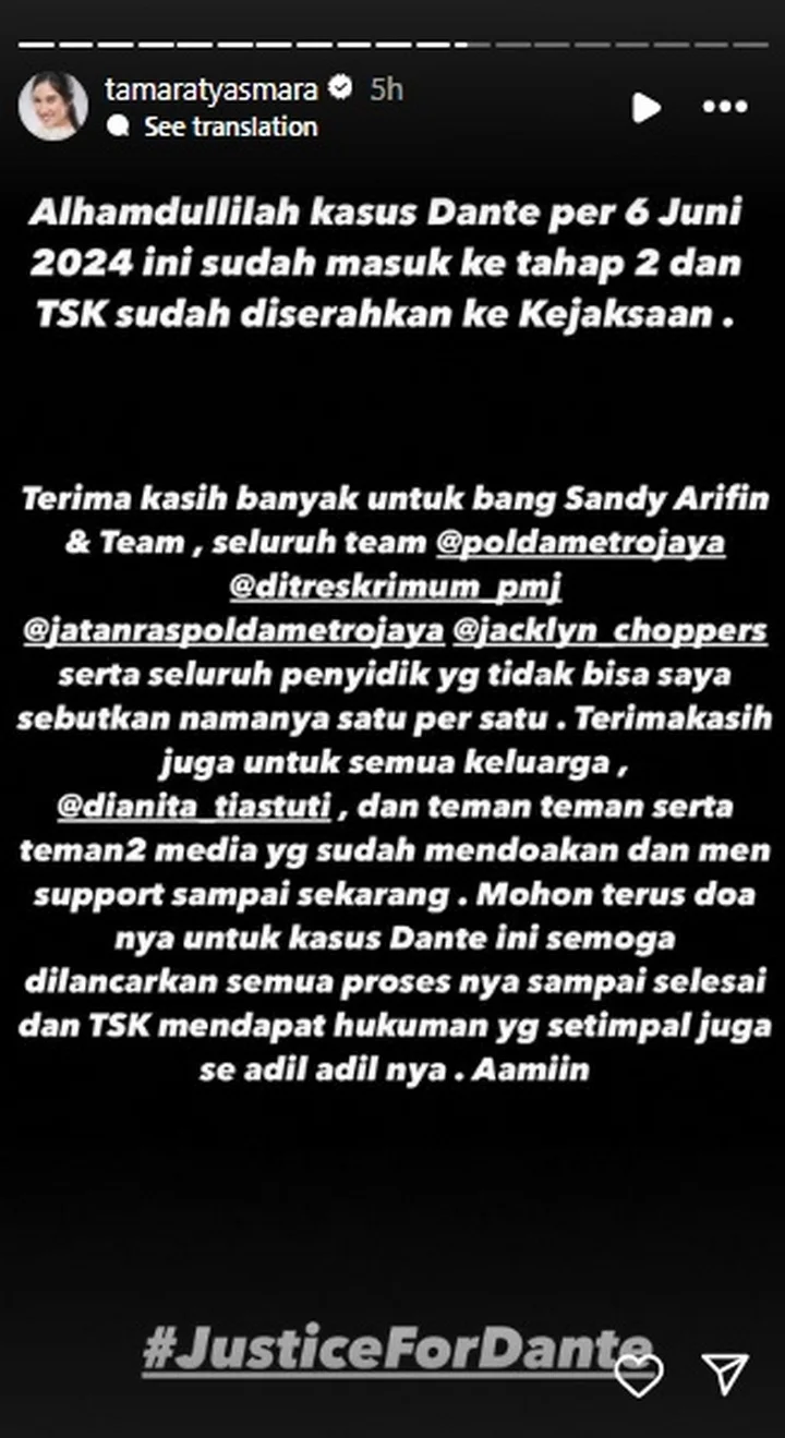 Tamara Tyasmara Lega Kasus Dante Muncul perkembangan