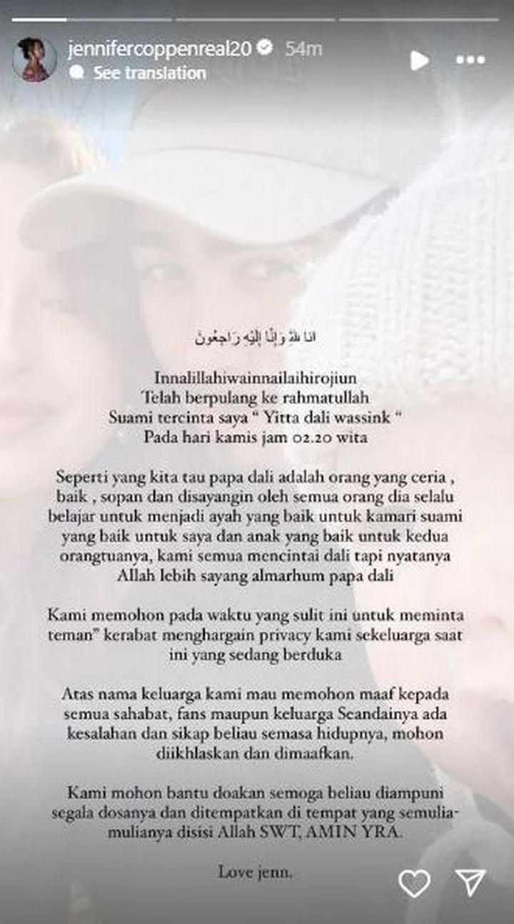 Suami Jennifer Coppen Meninggal Dunia