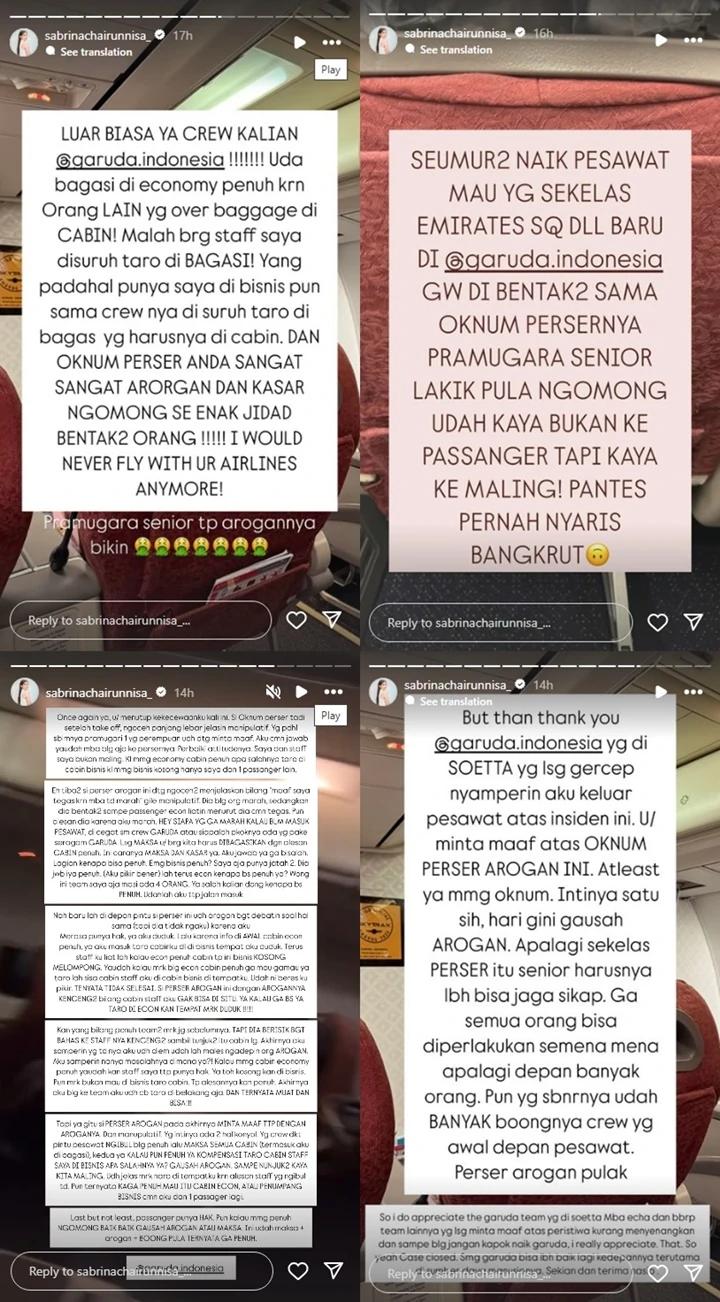 Sabrina Chairunnisa Beber Kronologi Dimaki-maki Pramugara Pesawat