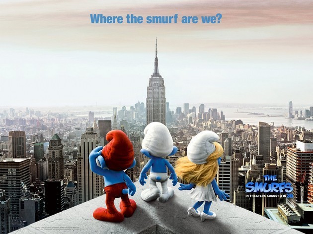 Gambar Foto Clumsy, Smurferret dan Papa Smurf di tepi bangunan gedung tinggi