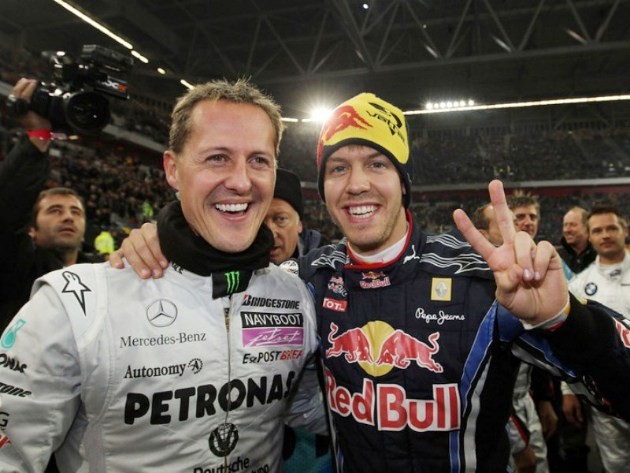Gambar Foto Michael Schumacher dan Sebastian Vettel Borpose usai Latihan