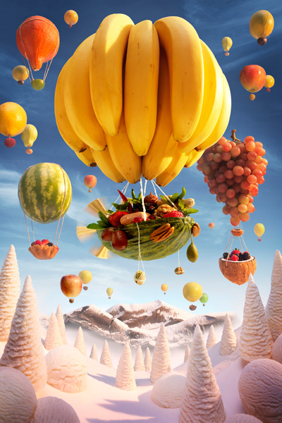 Gambar Foto Balon Udara Pisang yang Mengangkut Berbagai Macam Buah