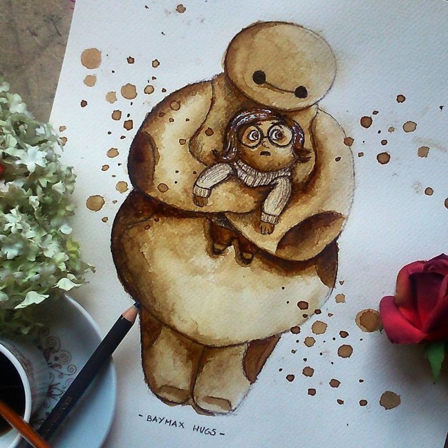 Gambar Foto Baymax Peluk Sadness di Lukisan Kopi Karya Nuria Sacedo