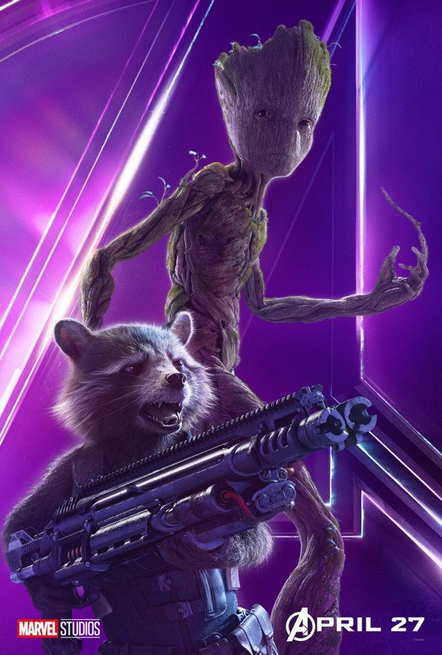 Gambar Foto Poster karakter Bradley Cooper dan Terry Notary sebagai Rocket dan Teen Groot di film 'Avengers: Infinity War'.
