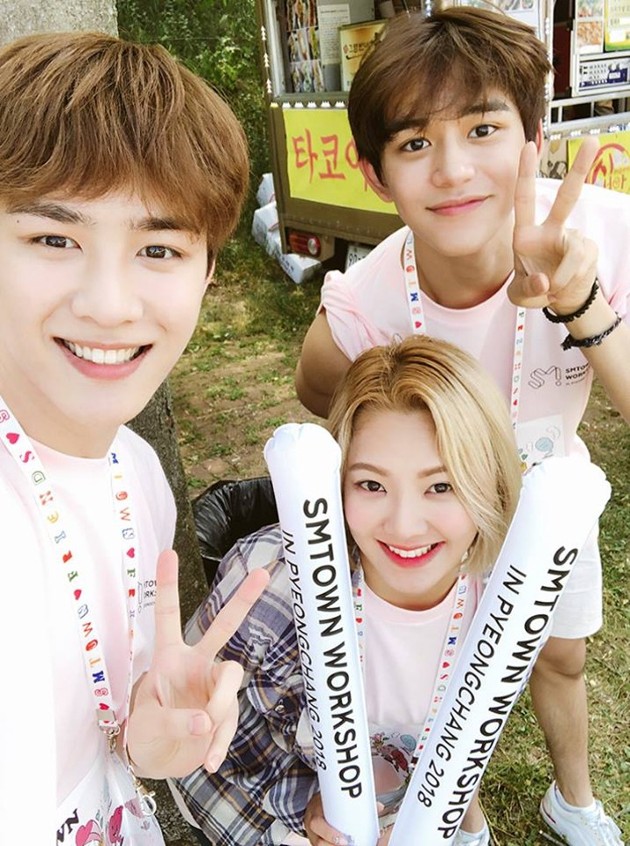 Gambar Foto Keakraban Kun, Lucas NCT dan Hyoyeon Girls' Generation di SMTOWN Workshop Pyeongchang 2018.
