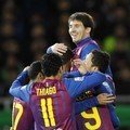 Lionel Messi merayakan kemenangan FC Barcelona atas Al Sadd 4-0