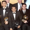 Homare Sawa, Pelatih Norio Sasaki, Dani Alves dan Lionel Messi di FIFA Ballon d'Or Award 2011