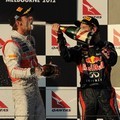Juara Pertama Jenson Button dan Juara Dua Sebastian Vettel Merayakan Kemenangan