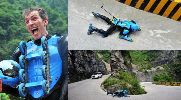 Aksi Menantang Manusia Rollerblade di Jalanan Gunung China