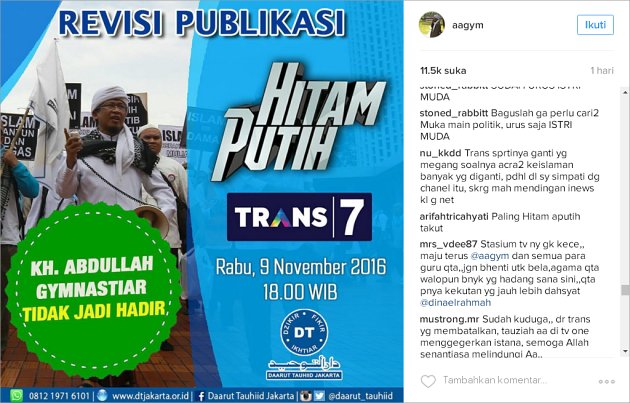 Aa Gym Batal Jadi Bintang Tamu 'Hitam Putih'