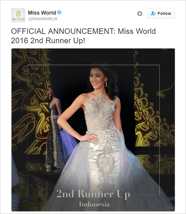 Wakil Indonesia Jadi Juara 3 Miss World 2016