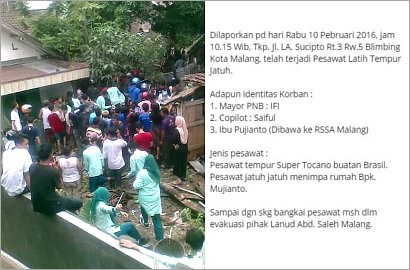 Pesawat TNI Jatuh di Malang, 3 Orang Dikabarkan Jadi Korban