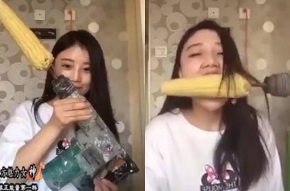 Nekat Makan Jagung Pakai Bor Listrik, Wanita Cantik Malah Jadi Botak