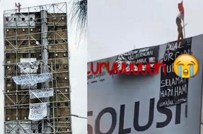Nekat Naik Papan Reklame Depan GP Plaza Slipi, Pria Ini Gegerkan Netizen