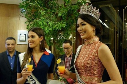 Cantik Tengah Malam, Kezia Warouw Sambut Kedatangan Miss Universe Iris Mittenaere
