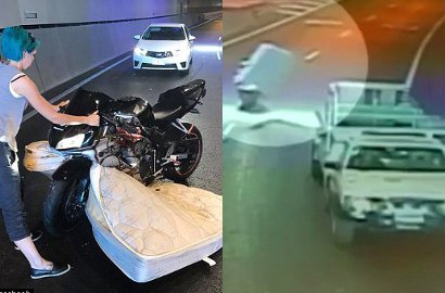 Kena Kasur 'Terbang', Pengendara Motor Ini Beruntung Nggak Kecelakaan