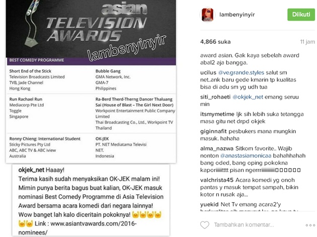 OK Jek Masuk Nominasi ATA 2016