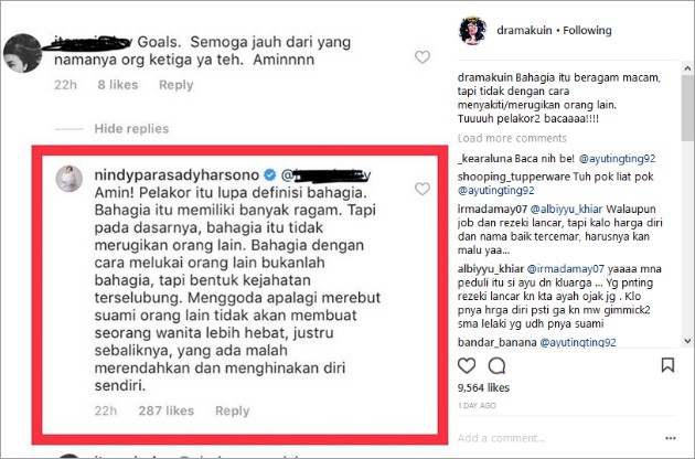 Nindy Tulis Kritikan Bijak Soal Pelakor Netter Ingatkan Ayu