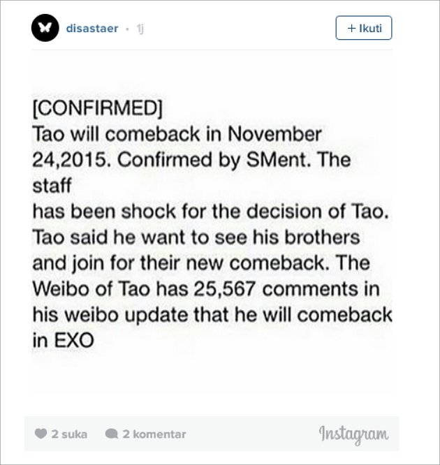 Netter Heboh, Tao Diisukan Balik ke EXO Bulan November Netter Heboh, Tao Diisukan Balik ke EXO Bulan November
